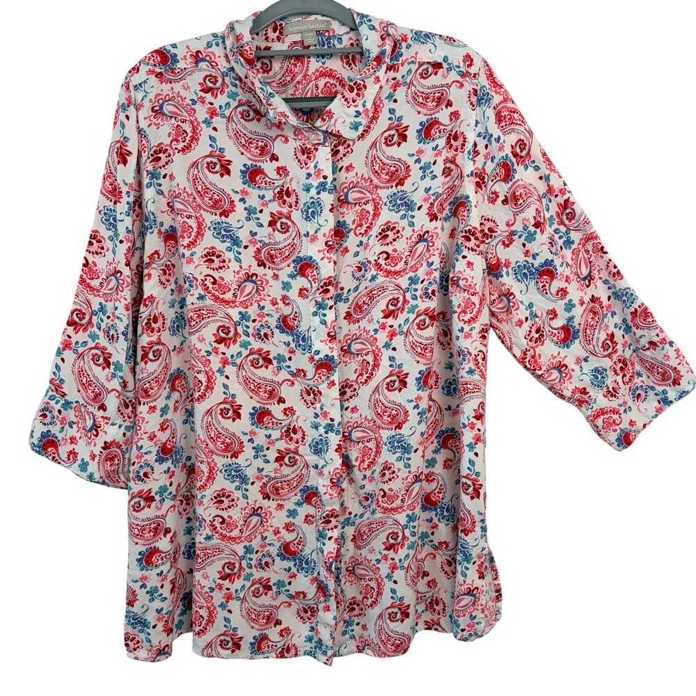 Woman Within Paisley Tunic 22/24 1X White Red Blue Excellent